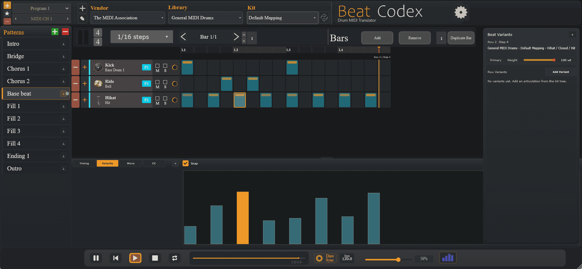 BeatCodex plugin interface showing drum MIDI patterns, mapped rows, velocity editing, and Beat Variants